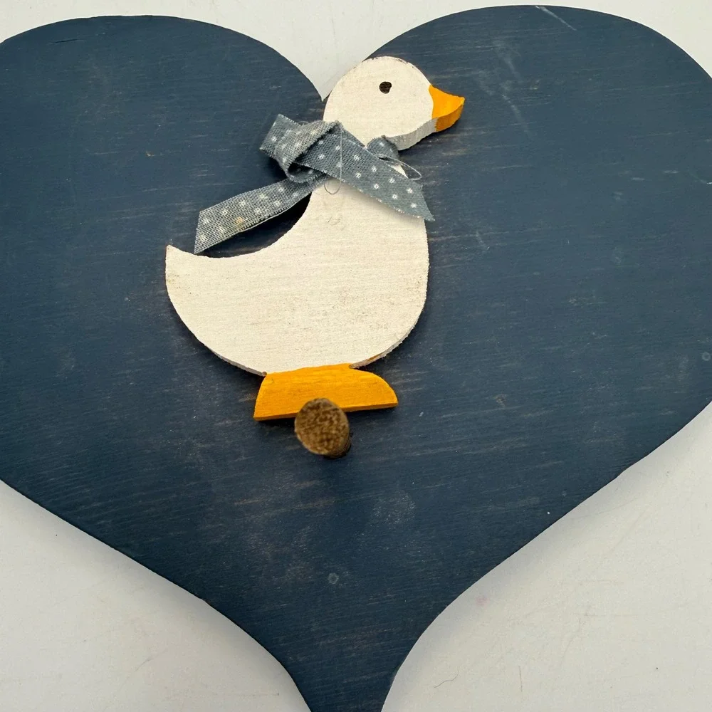 Vintage Wooden Heart Goose Wall Hook Navy Blue White Country Farmhouse Decor